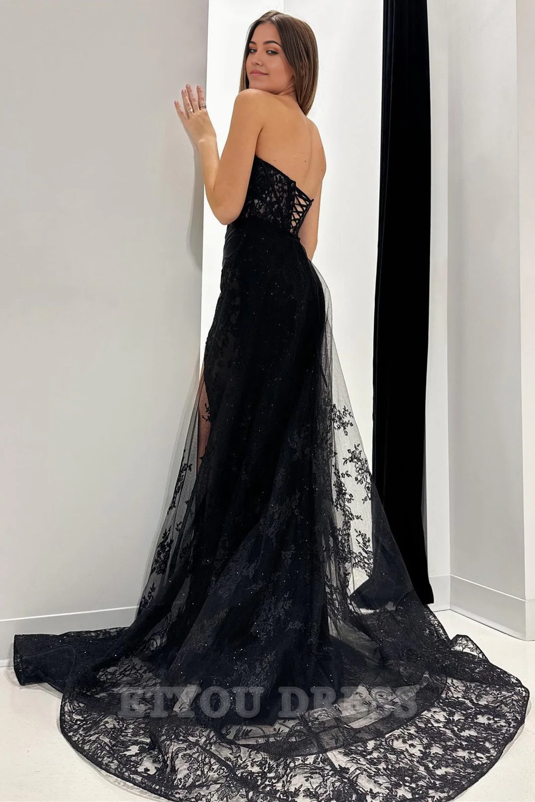 A-line Strapless Lace Black Long formal dresses Bridesmaid Dresses evening gown Prom Dress with Train
